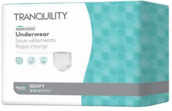 אריזת Tranquility Essential Underwear להגנה כבדה, צהובה עם מידע באנגלית. סמלים לכושר ספיגה ונוחות.